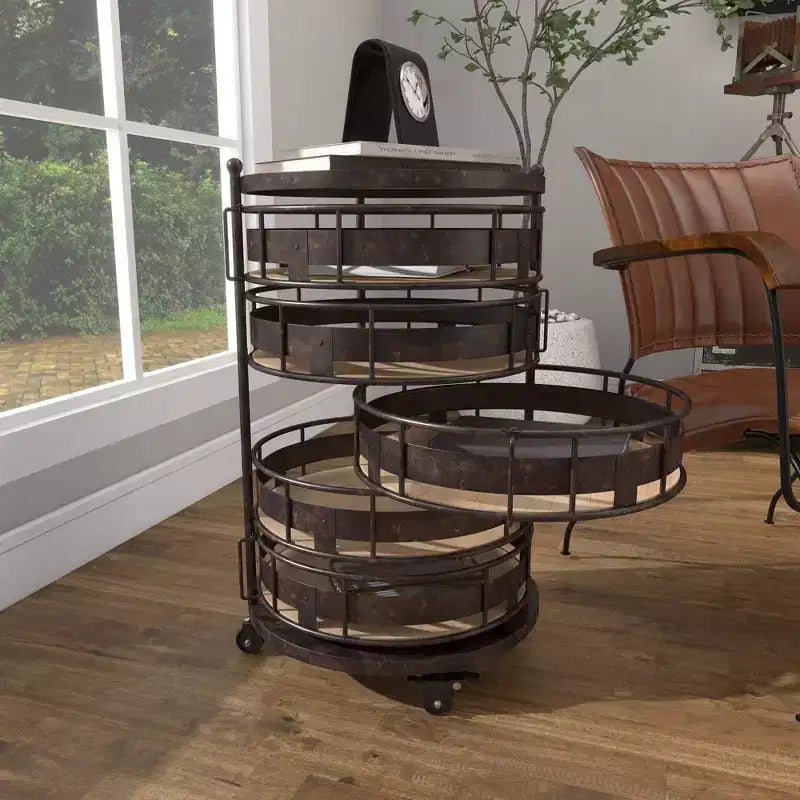 Étagère de rangement ronde en métal de style ferme, noire et marron, avec 5 tiroirs