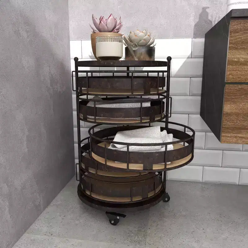 Étagère de rangement ronde en métal de style ferme, noire et marron, avec 5 tiroirs