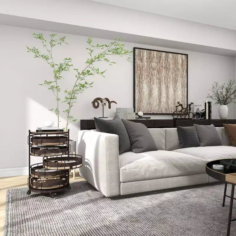 Étagère de rangement ronde en métal de style ferme, noire et marron, avec 5 tiroirs
