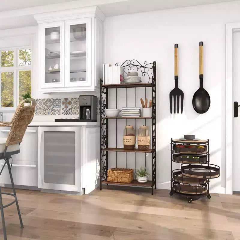 Étagère de rangement ronde en métal de style ferme, noire et marron, avec 5 tiroirs