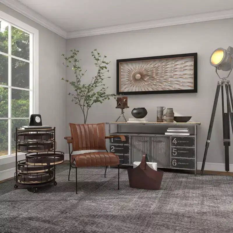 Étagère de rangement ronde en métal de style ferme, noire et marron, avec 5 tiroirs