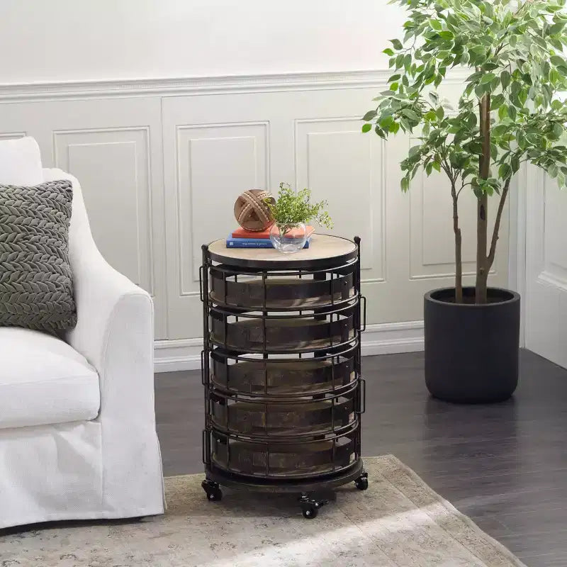 Étagère de rangement ronde en métal de style ferme, noire et marron, avec 5 tiroirs