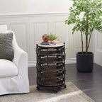 Étagère de rangement ronde en métal de style ferme, noire et marron, avec 5 tiroirs