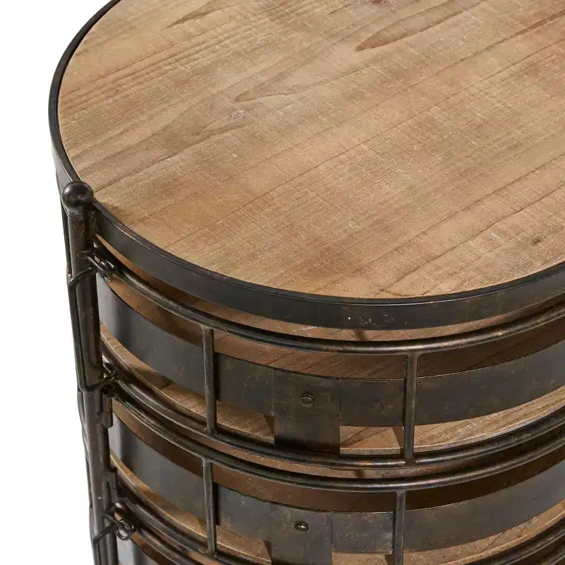 Étagère de rangement ronde en métal de style ferme, noire et marron, avec 5 tiroirs