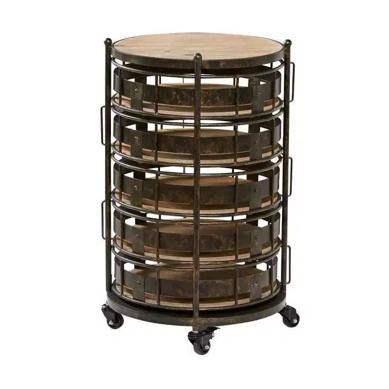 Étagère de rangement ronde en métal de style ferme, noire et marron, avec 5 tiroirs