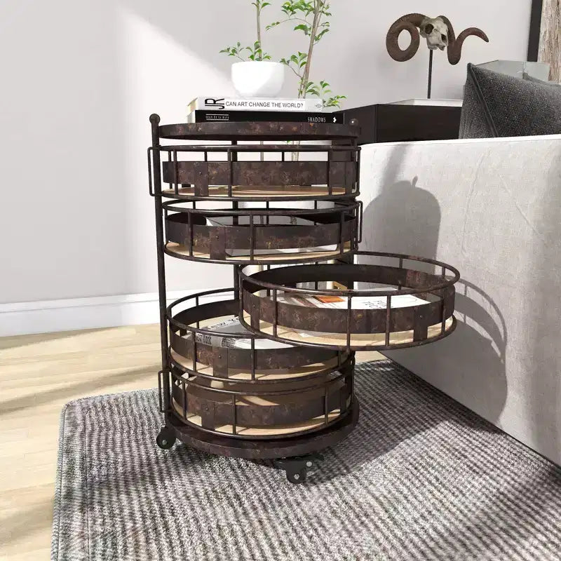 Étagère de rangement ronde en métal de style ferme, noire et marron, avec 5 tiroirs