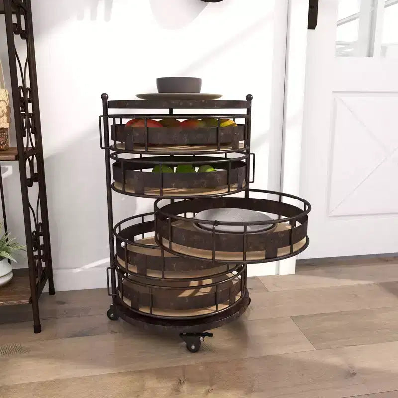 Étagère de rangement ronde en métal de style ferme, noire et marron, avec 5 tiroirs
