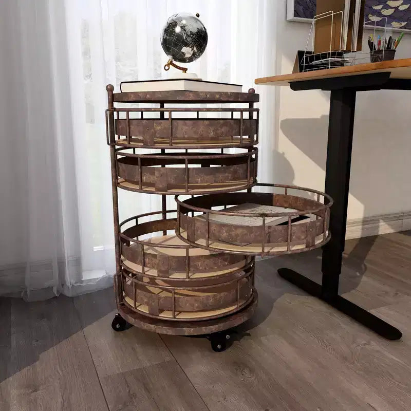 Étagère de rangement ronde en métal de style ferme, noire et marron, avec 5 tiroirs
