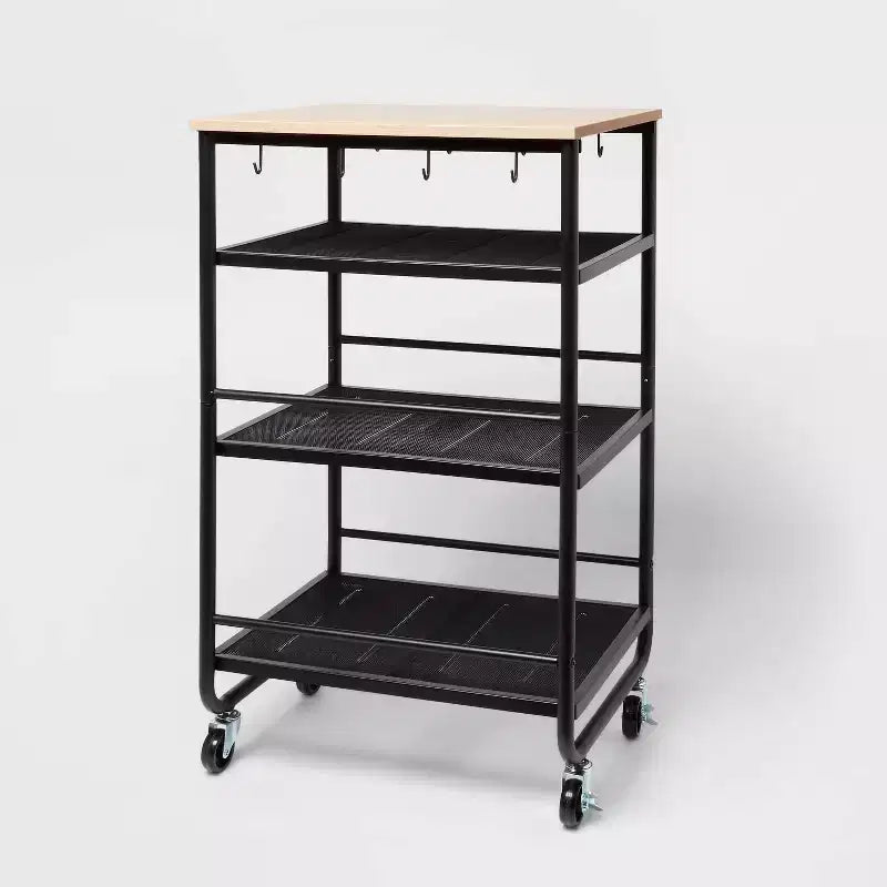 Narrow Metal Storage Cart with Wood Top Black - Brightroom™: Rolling Utility Cart with Casters & Fixed Shelves