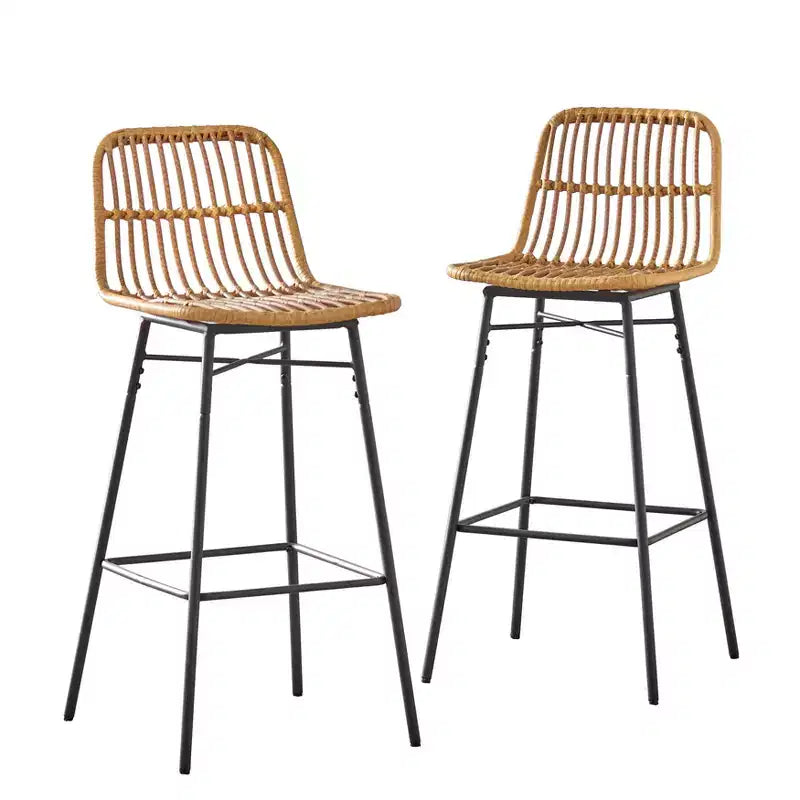 Lifestorey Set of 2 Greenville Faux Rattan 30" Bar Height Barstools Natural: Mid-century Modern, Rattan, Black Metal Base