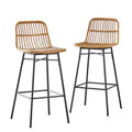 Lifestorey Set of 2 Greenville Faux Rattan 30" Bar Height Barstools Natural: Mid-century Modern, Rattan, Black Metal Base