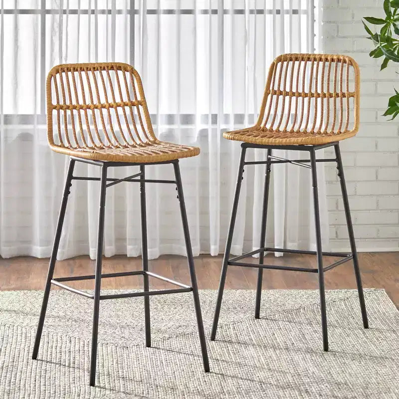 Lifestorey Lot de 2 tabourets de bar Greenville en rotin synthétique 76 cm Naturel : Moderne du milieu du siècle, rotin, piètement en métal noir
