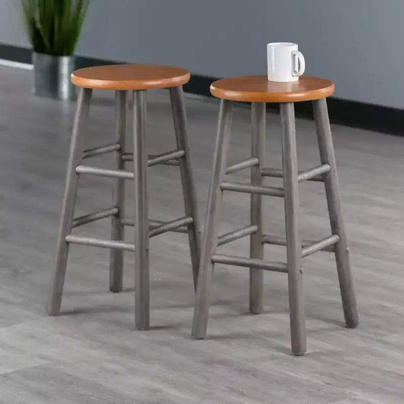 Tabourets de comptoir ronds sans dossier gris chaud et teck, ensemble de 2