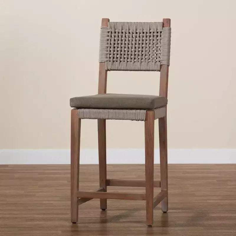 Heyna Tabouret de bar en corde tissée, hauteur comptoir, acajou, gris/naturel - bali & pari : Fabriqué en Indonésie, aucun assemblage requis