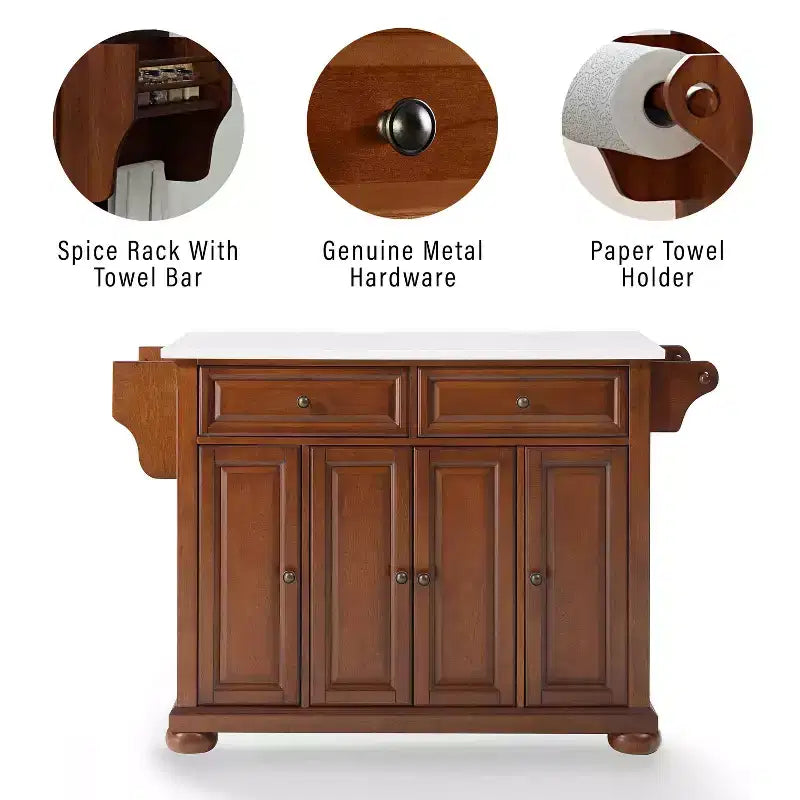 Îlot de cuisine/Chariot de cuisine pleine grandeur Alexandria Stone Top Cerise/Blanc - Crosley : Cadre en bois, Surface en granite, 4 Portes, 5 Tiroirs