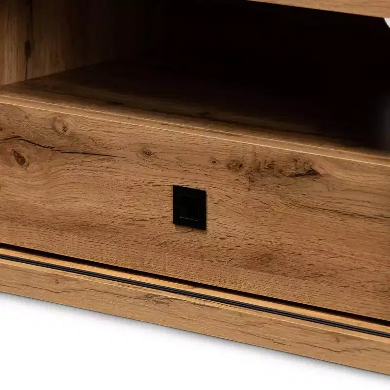 Meuble TV marron et noir en chêne avec 1 tiroir, pour téléviseurs jusqu'à 65 pouces