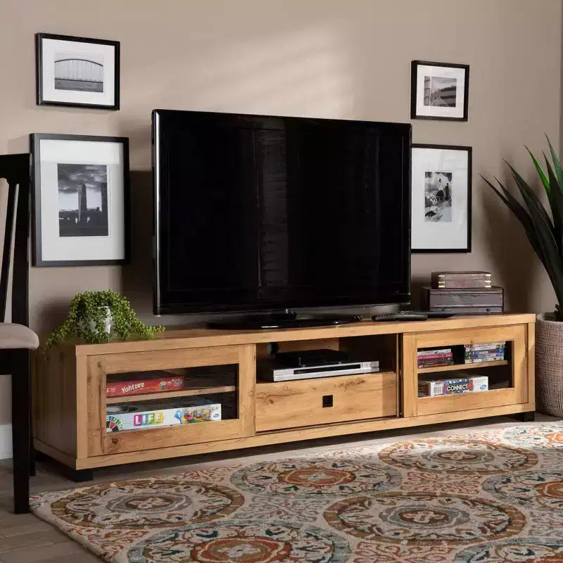 Meuble TV marron et noir en chêne avec 1 tiroir, pour téléviseurs jusqu'à 65 pouces