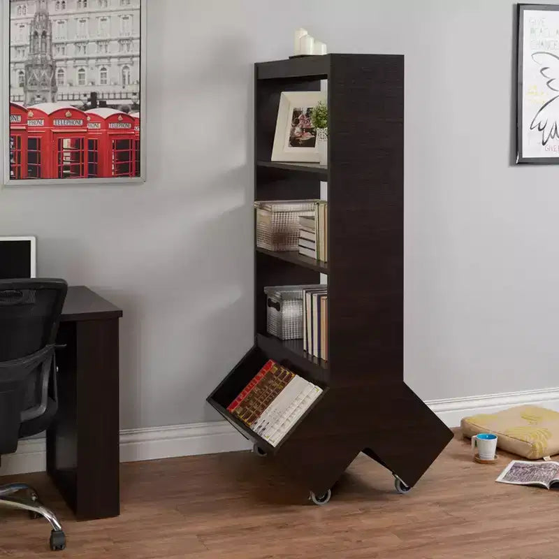 Bibliothèque ouverte à 5 tablettes marron espresso avec roulettes