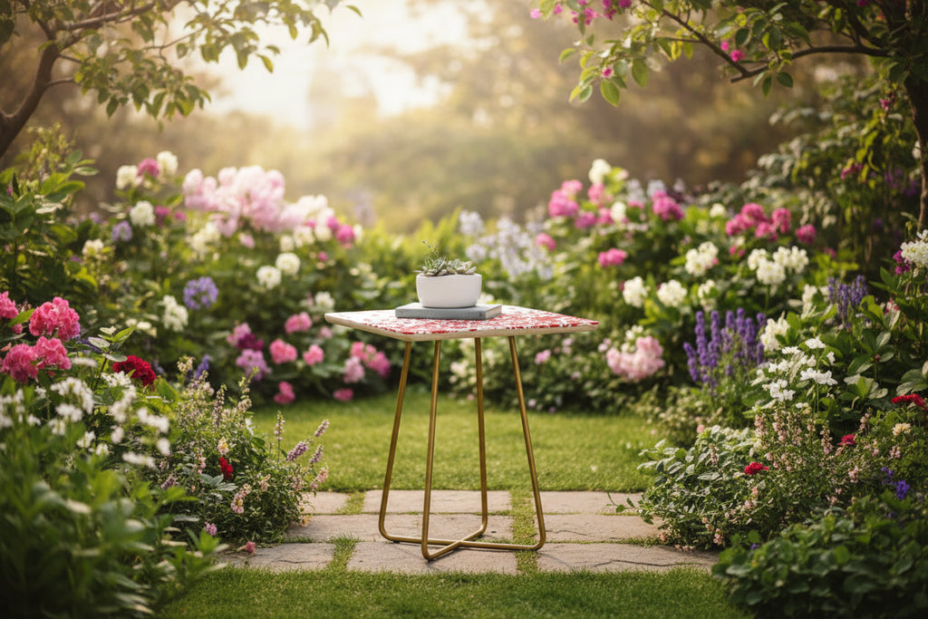 Table d'appoint carrée blanche et or – 1 personne, imprimé floral Prairie