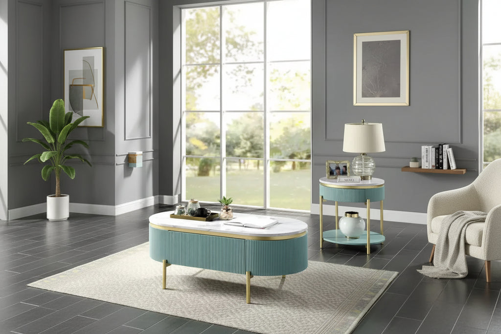 Ensemble de 2 tables basses et d'appoint Cartehena en faux marbre bleu sarcelle clair - HOMES: Inside + Out : Torsion dorée, tiroir dissimulé, forme ovale