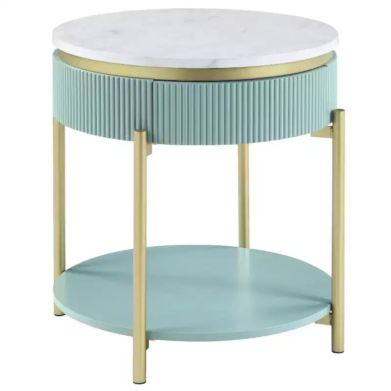 Ensemble de 2 tables basses et d'appoint Cartehena en faux marbre bleu sarcelle clair - HOMES: Inside + Out : Torsion dorée, tiroir dissimulé, forme ovale