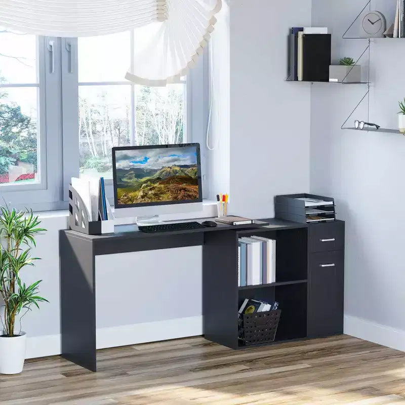 Bureau d'angle en L HOMCOM avec étagères rotatives et tiroir de rangement pour la maison et le bureau