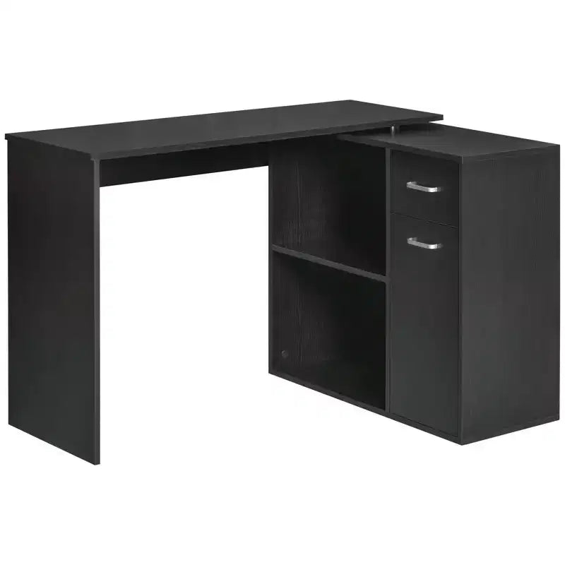HOMCOM L Shaped Corner Computer Desk Workstation with Rotating Storage Shelves and Drawer for Home & Office