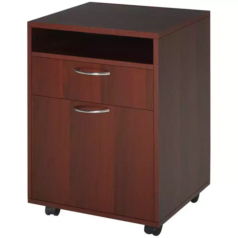 Meuble de rangement mobile noir / marron café / blanc avec tiroir, support d'imprimante sur roulettes, utilisation par 1 personne
