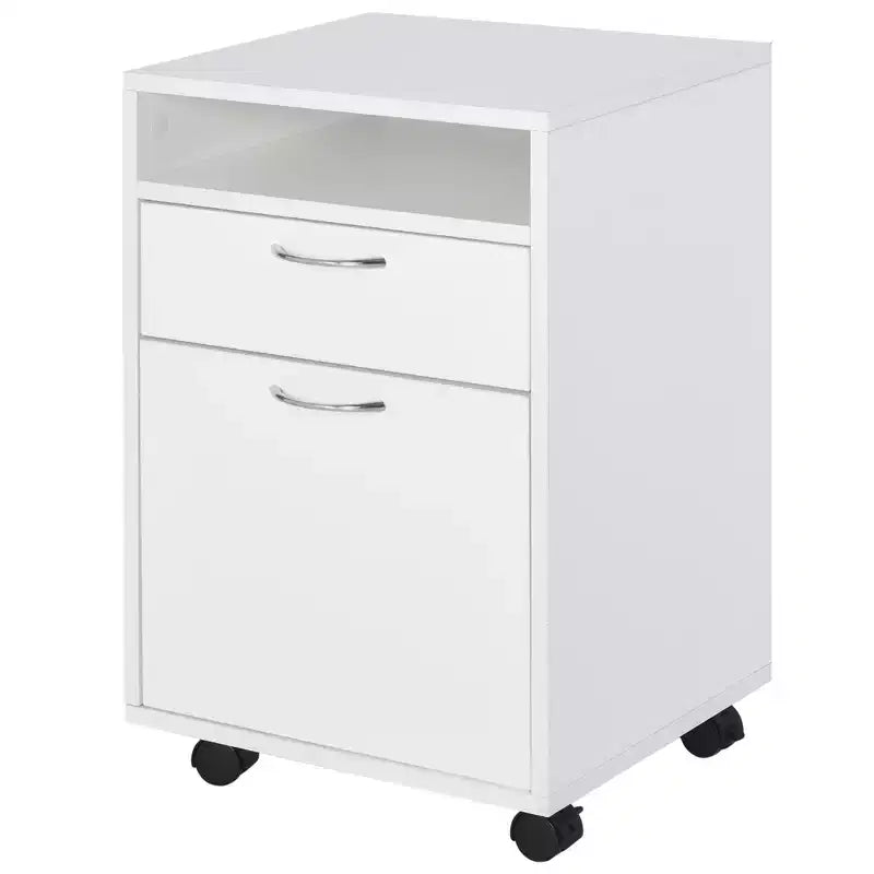Meuble de rangement mobile noir / marron café / blanc avec tiroir, support d'imprimante sur roulettes, utilisation par 1 personne