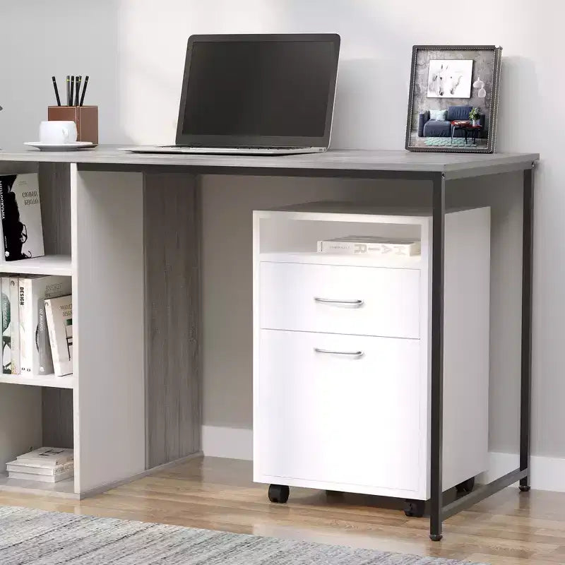 Meuble de rangement mobile noir / marron café / blanc avec tiroir, support d'imprimante sur roulettes, utilisation par 1 personne