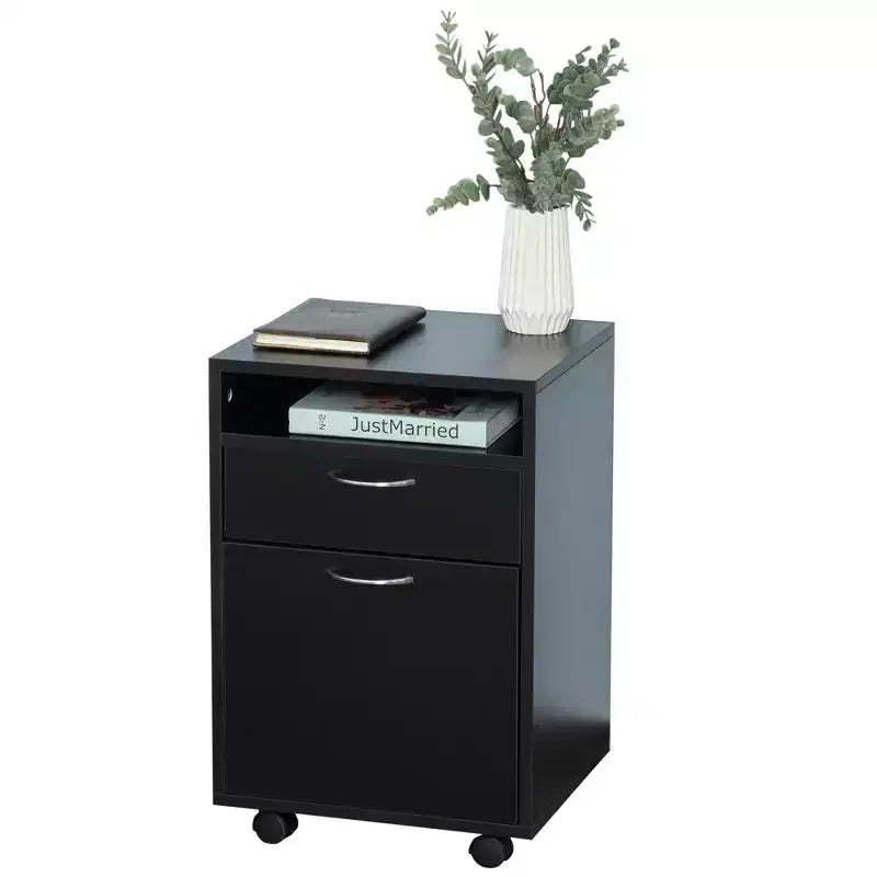 Meuble de rangement mobile noir / marron café / blanc avec tiroir, support d'imprimante sur roulettes, utilisation par 1 personne