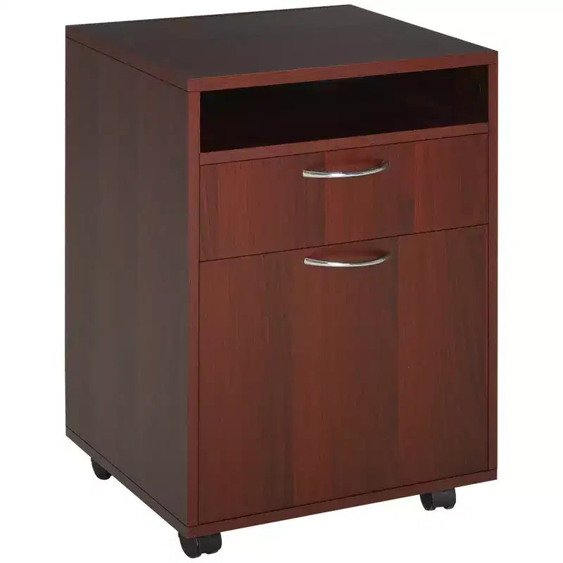 Meuble de rangement mobile noir / marron café / blanc avec tiroir, support d'imprimante sur roulettes, utilisation par 1 personne