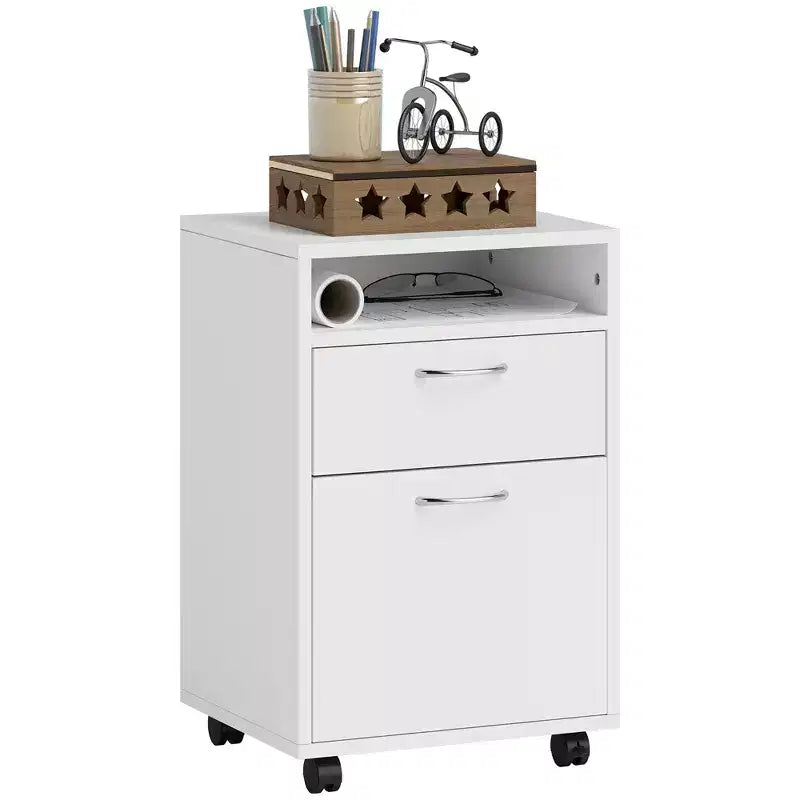 Meuble de rangement mobile noir / marron café / blanc avec tiroir, support d'imprimante sur roulettes, utilisation par 1 personne