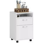 Meuble de rangement mobile noir / marron café / blanc avec tiroir, support d'imprimante sur roulettes, utilisation par 1 personne