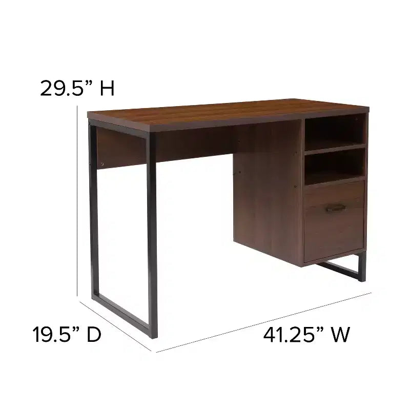 Bureau informatique rustique marron pour une personne avec tiroir de rangement et étagères ouvertes