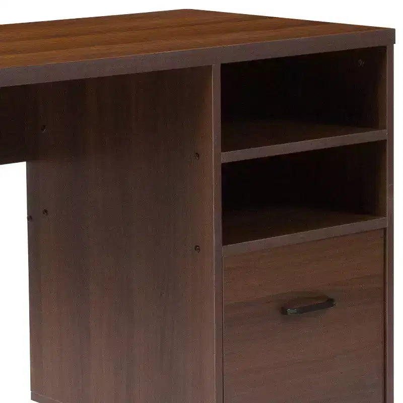 Bureau informatique rustique marron pour une personne avec tiroir de rangement et étagères ouvertes