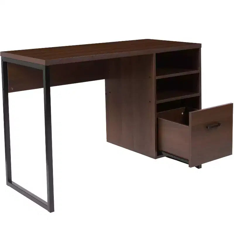 Bureau informatique rustique marron pour une personne avec tiroir de rangement et étagères ouvertes