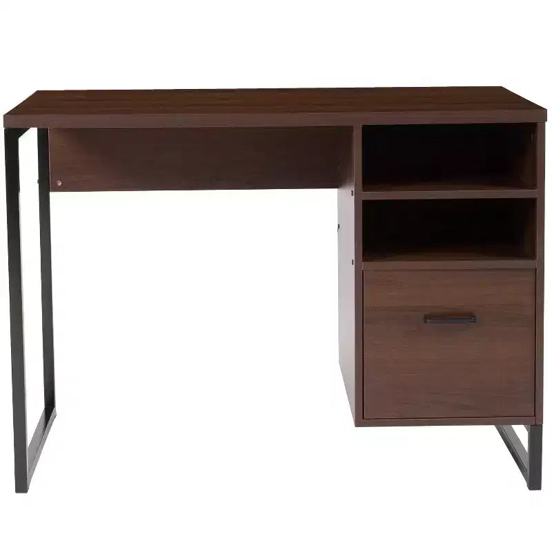 Bureau informatique rustique marron pour une personne avec tiroir de rangement et étagères ouvertes