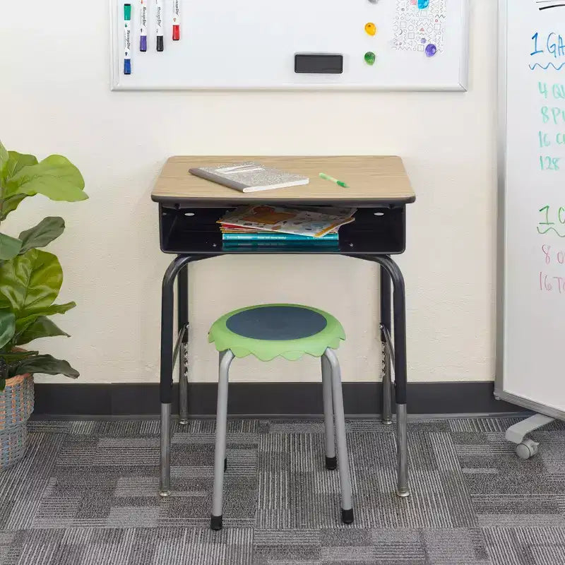 Bureau d'écolier à plateau réglable, érable/noir et chêne, avec casier métallique