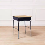 Bureau d'écolier à plateau réglable, érable/noir et chêne, avec casier métallique