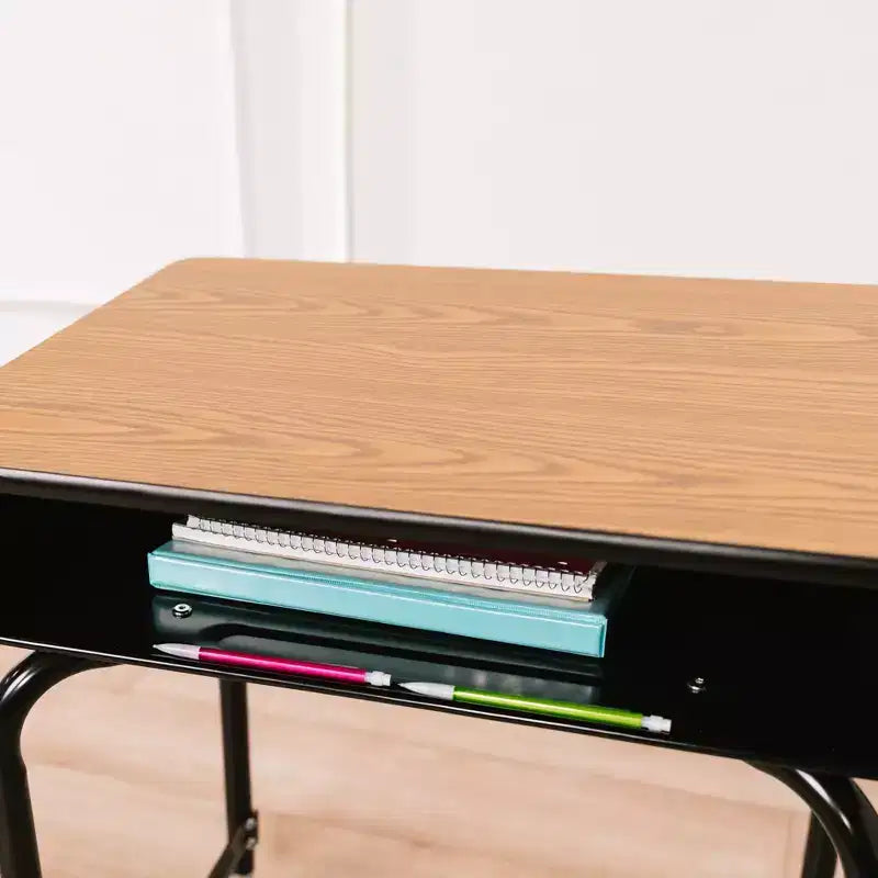 Bureau d'écolier à plateau réglable, érable/noir et chêne, avec casier métallique