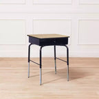 Bureau d'écolier à plateau réglable, érable/noir et chêne, avec casier métallique