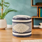 Pouf cylindrique bohème blanc, tissu artisanal, 1 place (bleu denim / bleu marine / sarcelle)
