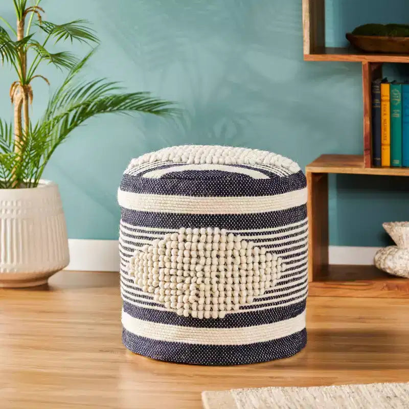 Pouf cylindrique bohème blanc, tissu artisanal, 1 place (bleu denim / bleu marine / sarcelle)
