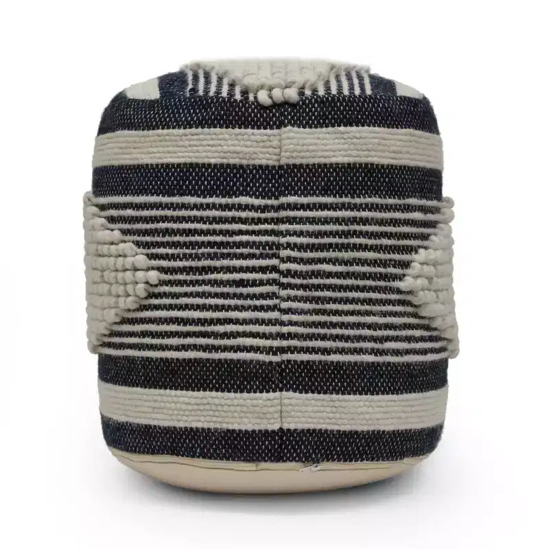 Pouf cylindrique bohème blanc, tissu artisanal, 1 place (bleu denim / bleu marine / sarcelle)