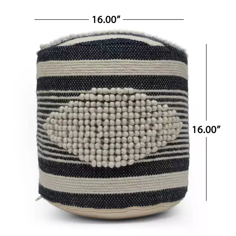 Pouf cylindrique bohème blanc, tissu artisanal, 1 place (bleu denim / bleu marine / sarcelle)