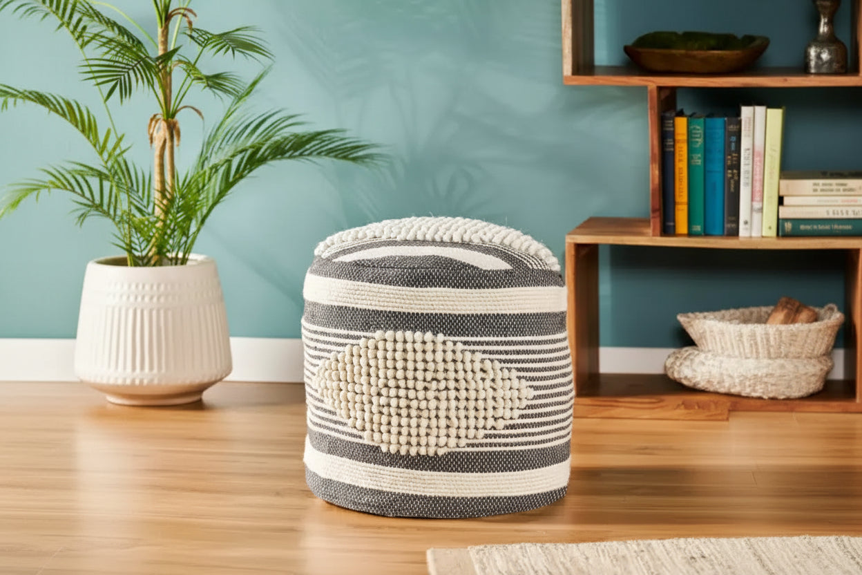 Pouf cylindrique bohème blanc, tissu artisanal, 1 place (bleu denim / bleu marine / sarcelle)