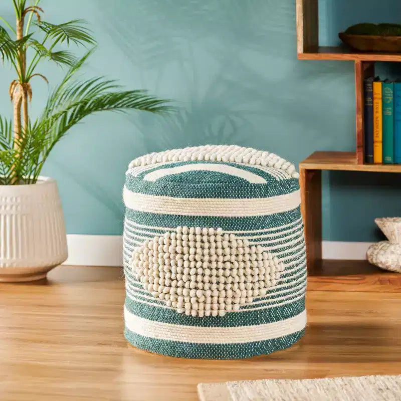 Pouf cylindrique bohème blanc, tissu artisanal, 1 place (bleu denim / bleu marine / sarcelle)
