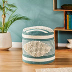 Pouf cylindrique bohème blanc, tissu artisanal, 1 place (bleu denim / bleu marine / sarcelle)
