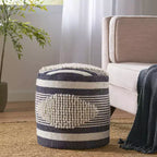 Pouf cylindrique bohème blanc, tissu artisanal, 1 place (bleu denim / bleu marine / sarcelle)